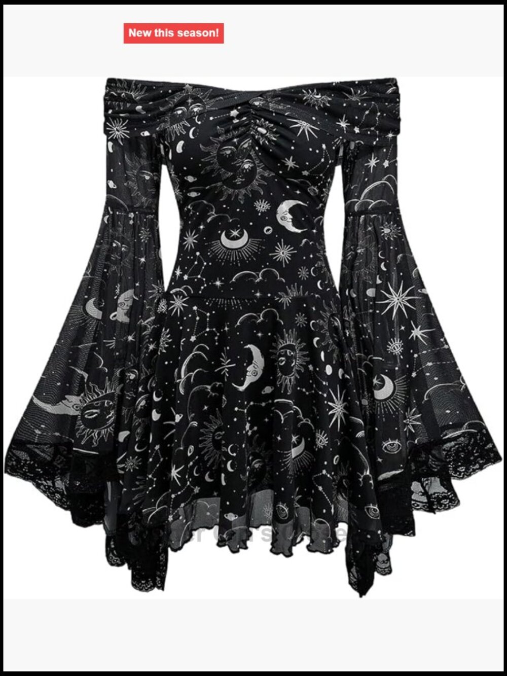 Goth Off Shoulder Mesh A-Line Dress Lace Up Back Flowy